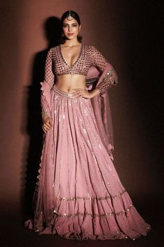 Vvani By Vani Vats | Dull Blue Linear Drop Tier Lehenga | INDIASPOPUP.COM Mirror Saree, Malavika Mohanan, Full Mirror, Female Celebrity Fashion, Pink Lehenga, Elegant Saree, Embroidered Neckline, Pink Sequin