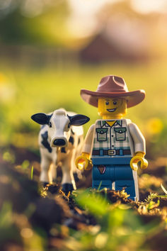 a lego man standing next to a cow in the grass