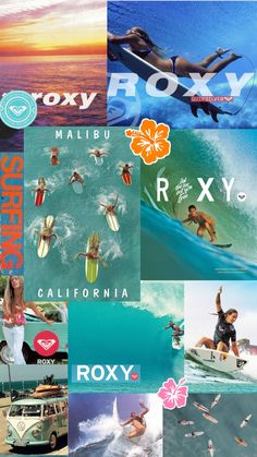 the collage shows surfers and their surfboards in many different colors, shapes, and sizes