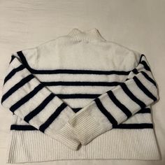 & Other Stories Turtle Neck Cropped Breton Stripe Mohair and Wool Sweater. Size Medium. Only worn twice. White with navy blue horizontal stripes. Horizontal Stripes, Wool Sweater, Wool Sweaters, Women's Sweater, Sweater Top, Turtle Neck, Sweaters For Women, Stripes, Navy Blue