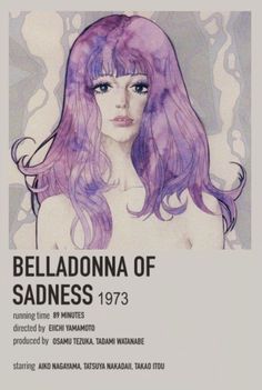 a poster with an image of a woman's head in purple hair and long bangs