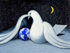 two white birds sitting next to each other on top of a blue and white ball