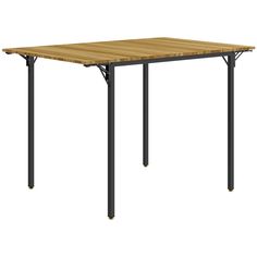 a wooden table with metal legs on a white background