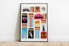 a poster with chicago cubs and other sports related items on it in front of a white wall