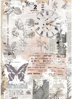 an altered collage with butterflies, flowers and clocks on it's paper sheet