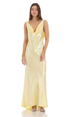 Satin Cowl Neck Maxi Dress in Yellow | LUCY IN THE SKY Pastel Yellow Bridesmaid Dresses, Pale Yellow Bridesmaid Dresses, Pale Yellow Dresses, Silk Yellow Dress, Cowl Neck Maxi Dress, Green Evening Gowns, Long Sleeve Maternity Dress, Maternity Long Dress, Velvet Dress Long