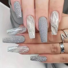 These Nails Are New In The Package Made By Nails 24 Pc These Nails Give You The Professional Look Of The Salon Without The Price. They Are A Long Length, Square Tip. These Nails Are Gray Silver And White Marble With Silver Glitter Accents . These Nails Come With A Mini File And Press On Adhesive. They Can Be Attached With Nail Glue If Desired But Not Included. I Have Nail Glue Available For Purchase Separately Items In My Closet That Are $8 Can Be Bundled For A Discounted Price Of 3 For $15. There Are Over 500 $8 Items To Choose From In Many Different Categories. I Do Not Discount Single Items That Are $8. They Must Be Bundled In Groups Of 3 Or More To Receive A Discount. Thank You This Silver Nail Designs, Ballet Nails, Long Press On Nails, Foil Nails, Nail Polish Designs, Silver Nails, Luxury Nails, Glue On Nails, White Nails