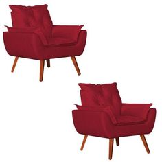 two red chairs sitting next to each other on top of a white floor with wooden legs