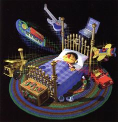 an image of a child's bed with toys around it