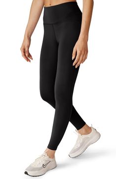 Sleek and stretchy fabric makes these high-waist leggings motion-friendly must-haves for the studio and beyond. 24" inseam; 7 1/2" leg opening; 11 3/4" front rise; 12 1/2" back rise (size Medium) Pull-on style 95% polyester, 5% elastane Machine wash, tumble dry Made in the USA of imported fabric Luxury Activewear, New Bra, Frankies Bikinis, Beyond Yoga, Crop Top Sweater, New Tops, High Waisted Leggings, Stretchy Fabric, Resort Wear