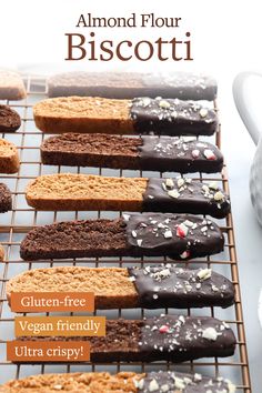 there are many different types of cookies on the cooling rack with words above it that read, almond flour biscotti gluten - free vegan friendly ultra crispy