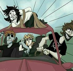 three cartoon characters are riding in a car with one person on the front seat and another sitting behind them