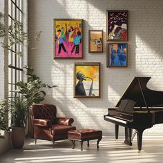 a living room filled with furniture and paintings on the wall next to a grand piano