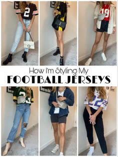 Different outfits styled with football jerseys Celebrity Superbowl Outfit, Nfl Fashion Womens, Gameday Jersey Outfit Football, Chiefs Jersey Outfit Women, Football Game Date Outfit, Sporty Party Outfit, Style A Jersey Women, Styling A Football Jersey Women