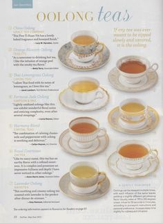 an advertisement for oolong teas with different types of cups and saucers