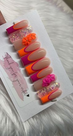 #follow #acrylicnails #nailstagram #nails #nailart #pressonnails #pressons #longnails #beautyblog #blogging #blogger #blog Summer Themed Acrylic Nails, Pink Orange White Nails, Design Cool Ongles, Bright Spring Nail Designs, Vacations Nails, 90s Nails Acrylic, Acrylic Nails With Flowers, Pink Orange Nails, Orange Nails Summer