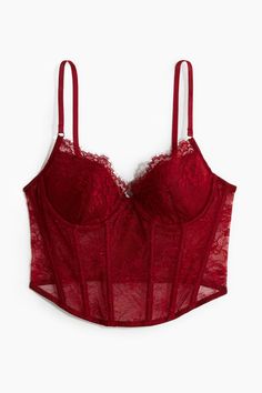 Bustier in lace. Adjustable shoulder straps  padded  underwire cups for shaping and good support  and boning at front and sides for shaping and support. Wide section at back with hook-and-eye fastening. Lined at front. Red Corset, Black Lace Top, Red Bra, Gilly Hicks, Lace Bustier, Maternity Swimwear, Cardigan Sweater Jacket, Shoe Boot Sandals, Womens Bras