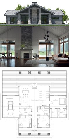 two story house plans with open floor plan and large living room, dining area and kitchen