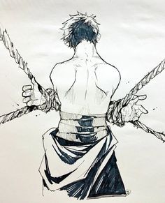 a drawing of a man with two hands tied up to his waist and holding onto ropes