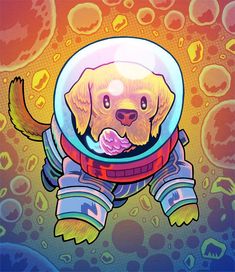 a dog in an astronaut's suit floating through bubbles