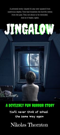 a poster with the words, jingalow and an image of a woman looking out a window