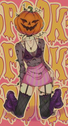 a drawing of a girl with a pumpkin on her head and purple boots in front of an orange background