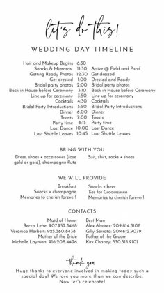 the wedding day schedule is shown in black and white