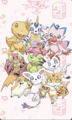 many different types of pokemon characters on a pink background