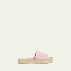 Gucci "Damita" GG cotton eyelet espadrille platform sandals Flat braided-jute heel Open toe Wide band upper Slide style Rubber outsole Made in Italy Gucci Open Toe Platform Wedge Sandals, Pink Espadrille Sandals With Woven Sole, Gucci Sandals With Woven Sole For Summer, Gucci Summer Wedge Sandals With Round Toe, Gucci Pink Platform Sandals, Gucci Open Toe Platform Sandals, Straw Espadrilles For The Beach, Beach Espadrilles With Branded Insole, Gucci Round Toe Wedge Sandals For Summer