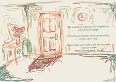 a drawing of a room with an open door and a poem written on the wall