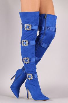 Blue Thigh High Boots, Heels With Rhinestones, Female Boots, Thigh High Boots Heels, Blue Boots, Pointed Toe Boots, Stiletto Boots, Buckled Heels, Buckle Shoes