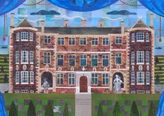 a painting of a large brick building with blue curtains