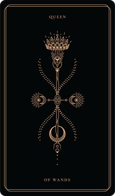 the queen of wands playing card in gold and black with an intricate design on it