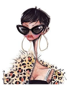 a drawing of a woman wearing sunglasses and leopard print coat with large hoop earrings on her head