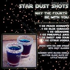 a flyer for star dust shots with two glasses filled with blue liquid and sparkles in the background