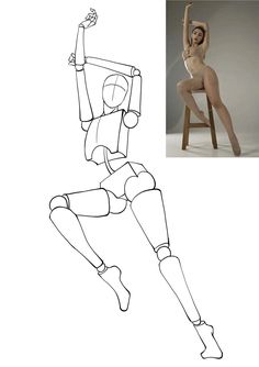 a woman sitting on top of a wooden chair next to a drawing of her legs