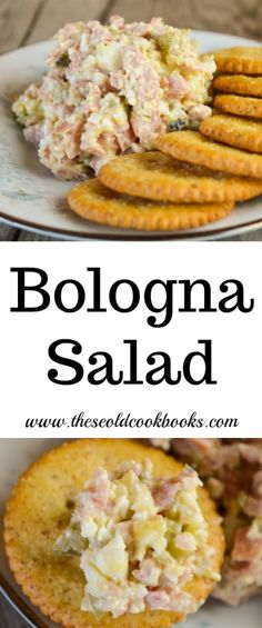 two plates filled with food and crackers on top of each other, the words bologna salad