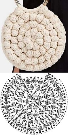 a crocheted bag with an intricate design on the front and side, in black and white