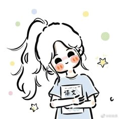 a drawing of a girl holding a box with chinese writing on it and stars in the background