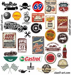 various vintage car logos and stickers on a white background with the words gas station