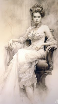 a drawing of a woman in a white dress sitting on a chair with her legs crossed