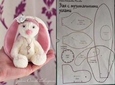 a person holding a stuffed animal in front of a paper pattern and instructions for how to make it