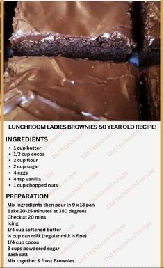 the instructions for chocolate brownies are shown in this advertizer's brochure