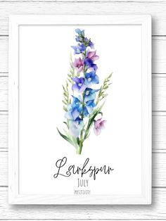 a watercolor painting of blue and purple flowers with the words love you july written on it