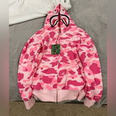 Too Small. Brand New With Tag. Blue Bape Hoodie, Pink Bape Hoodie, Camo Shark Hoodie, Bape Pink, Bape Jacket, Bape Hoodie, Shark Hoodie, Face Graphic, The Shark