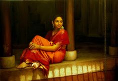 a painting of a woman sitting on the ground