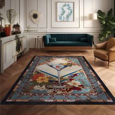 a living room filled with furniture and a rug on top of a hard wood floor