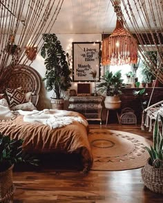 a bedroom with lots of plants in it