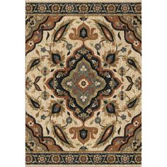 a rug with an ornate design on the front and back sides, in beige, blue, brown and black colors