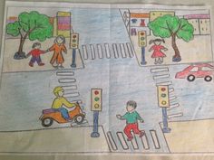 a child's drawing of people crossing the street